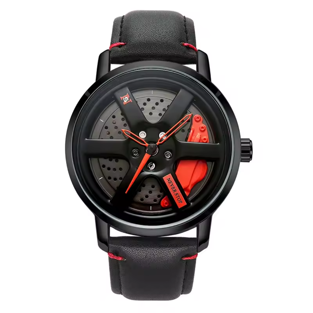 Analog watch with a 360° wheel rim-inspired dial