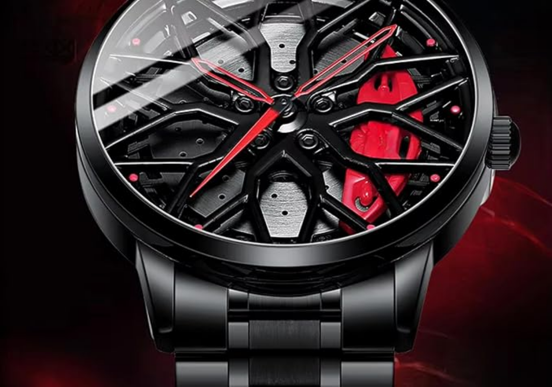 Analog watch with a 360° wheel rim-inspired dial