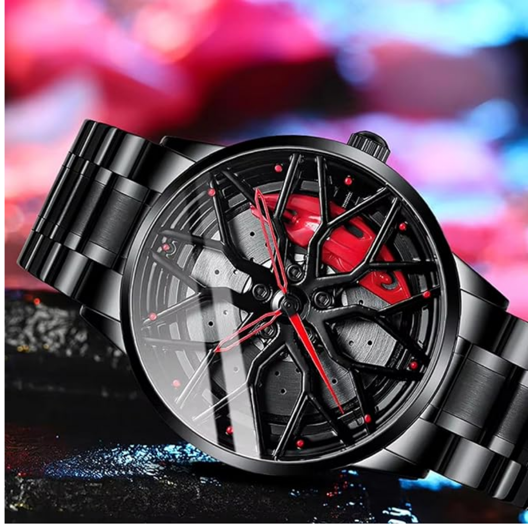 Analog watch with a 360° wheel rim-inspired dial