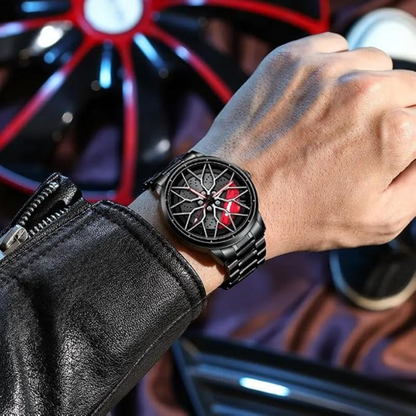 Analog watch with a 360° wheel rim-inspired dial