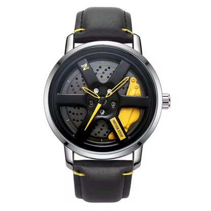 Analog watch with a 360° wheel rim-inspired dial